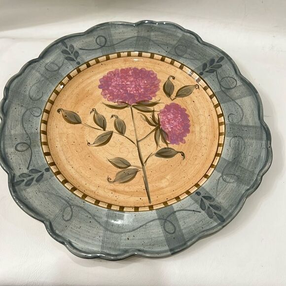 222 Fifth Ibaza Dinner Plate 11 1/2 Inch Round Scalloped Floral Blue Brown Pink - Picture 1 of 9